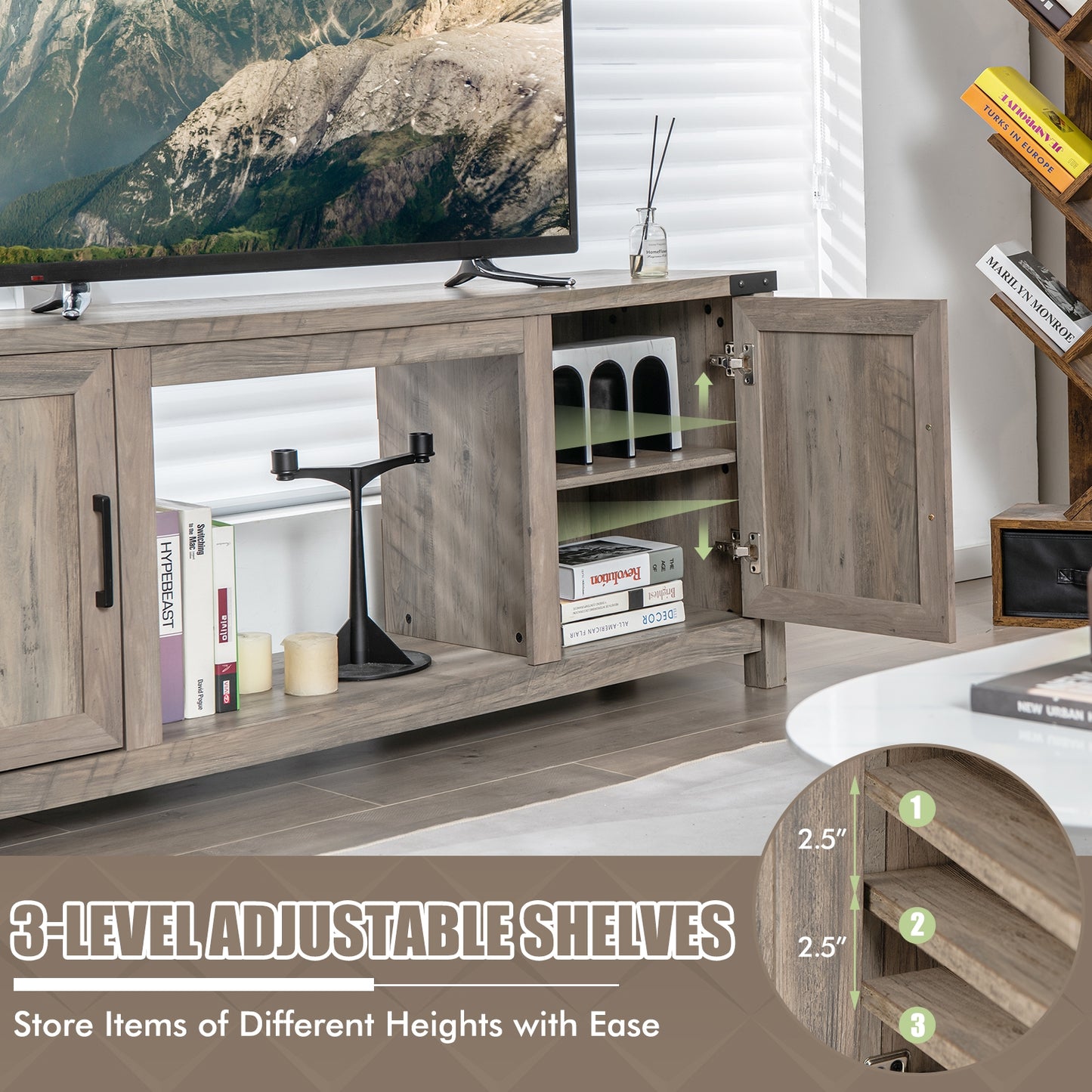 Farmhouse TV Stand with Storage Cabinets and Fireplace Space for TVs up to 70 Inches