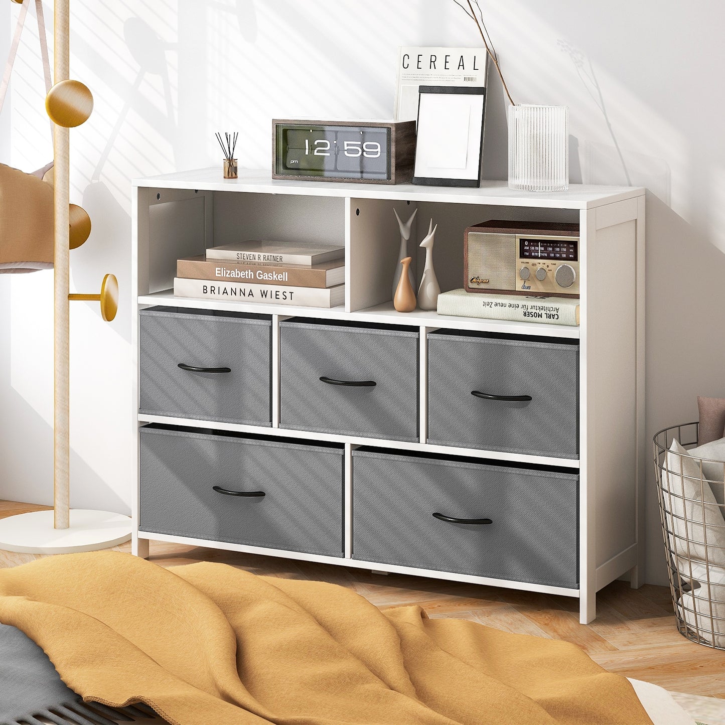 5 Drawer Fabric Dresser with Metal Frame and Wood Top for Bedroom and Entryway Storage