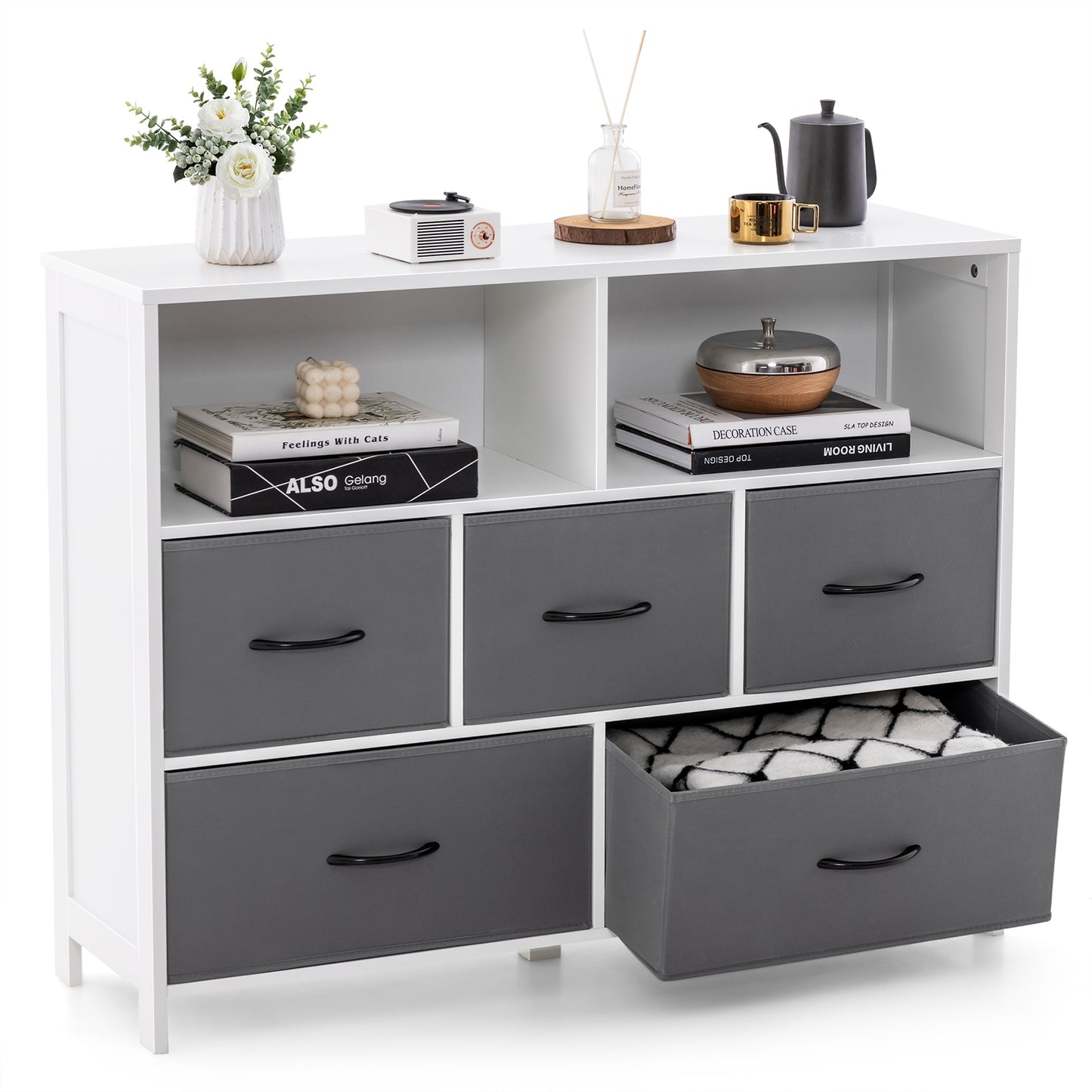 5 Drawer Fabric Dresser with Metal Frame and Wood Top for Bedroom and Entryway Storage