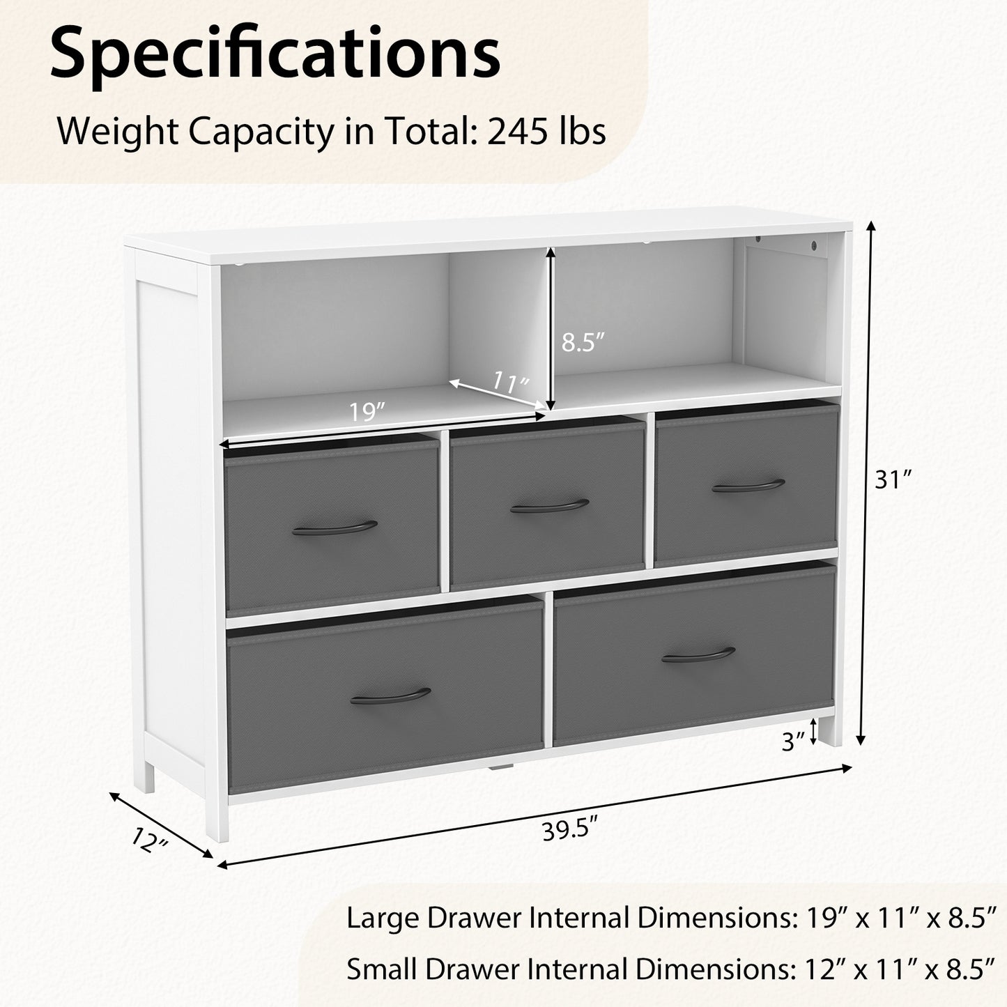 5 Drawer Fabric Dresser with Metal Frame and Wood Top for Bedroom and Entryway Storage