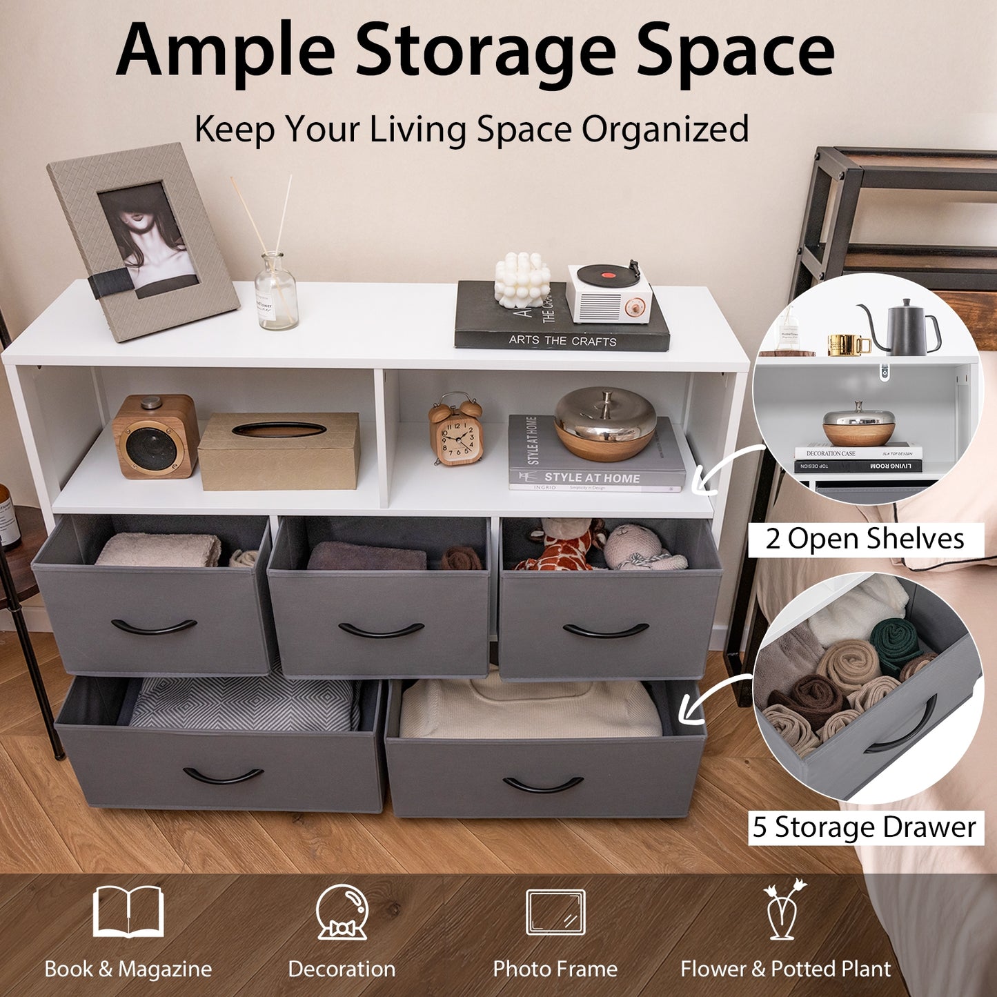 5 Drawer Fabric Dresser with Metal Frame and Wood Top for Bedroom and Entryway Storage