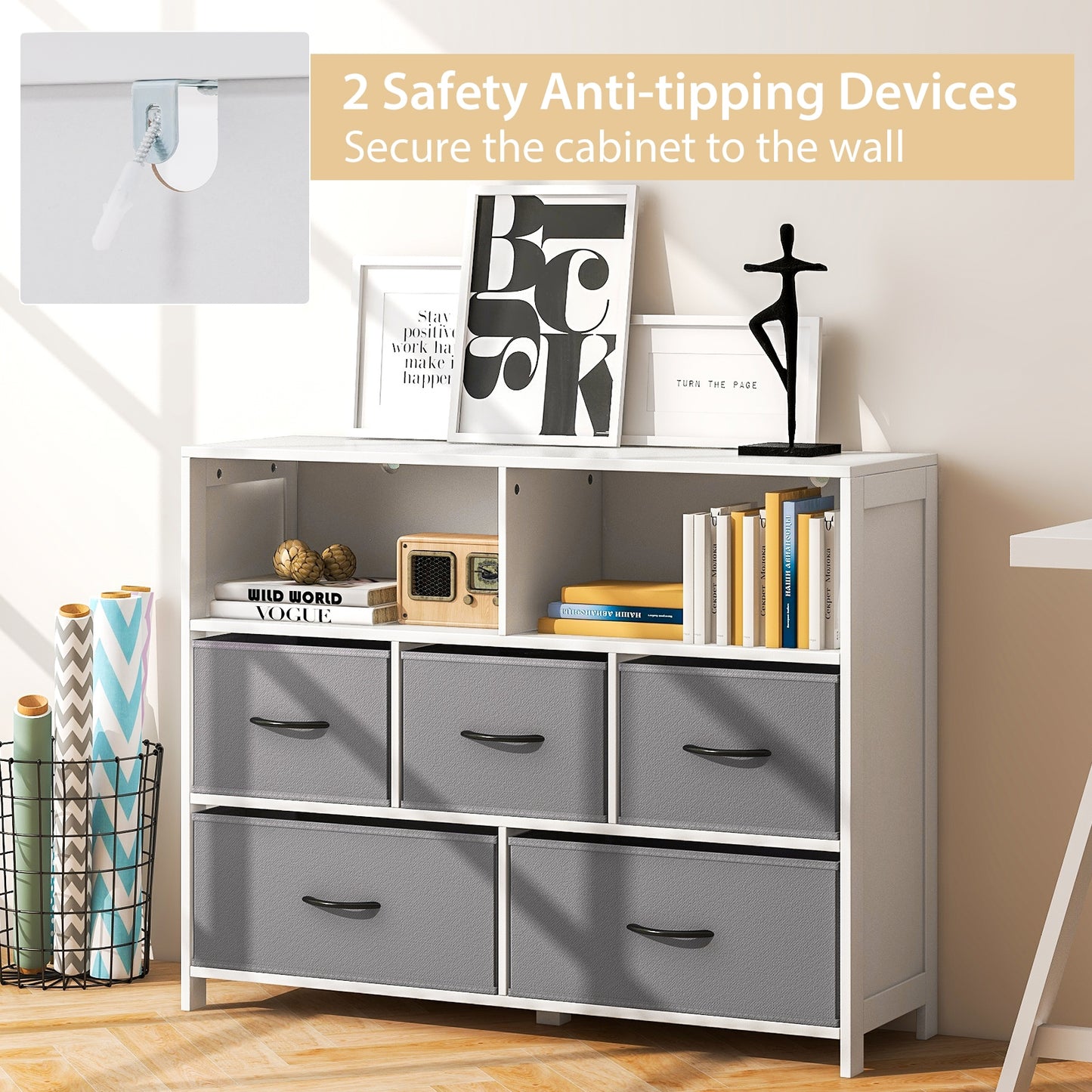 5 Drawer Fabric Dresser with Metal Frame and Wood Top for Bedroom and Entryway Storage