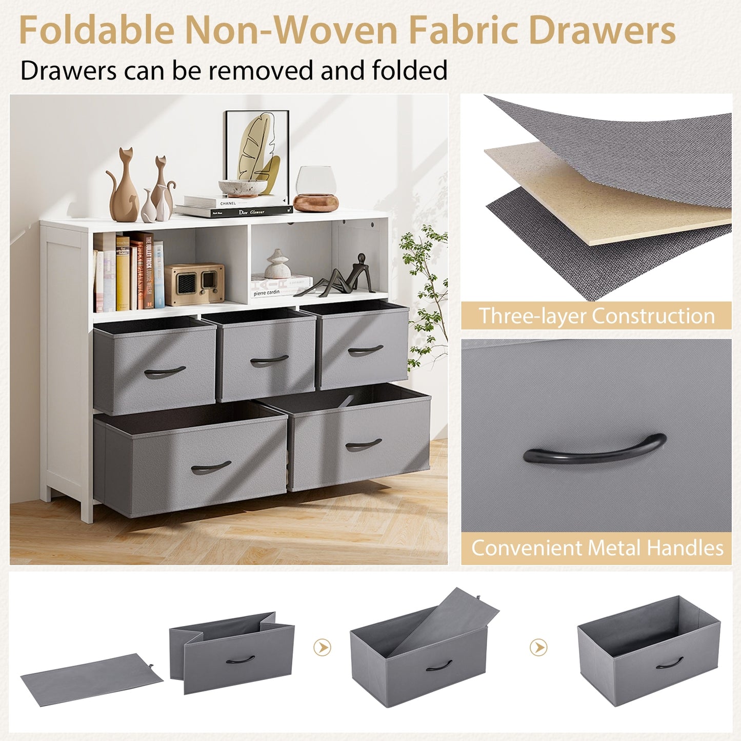 5 Drawer Fabric Dresser with Metal Frame and Wood Top for Bedroom and Entryway Storage