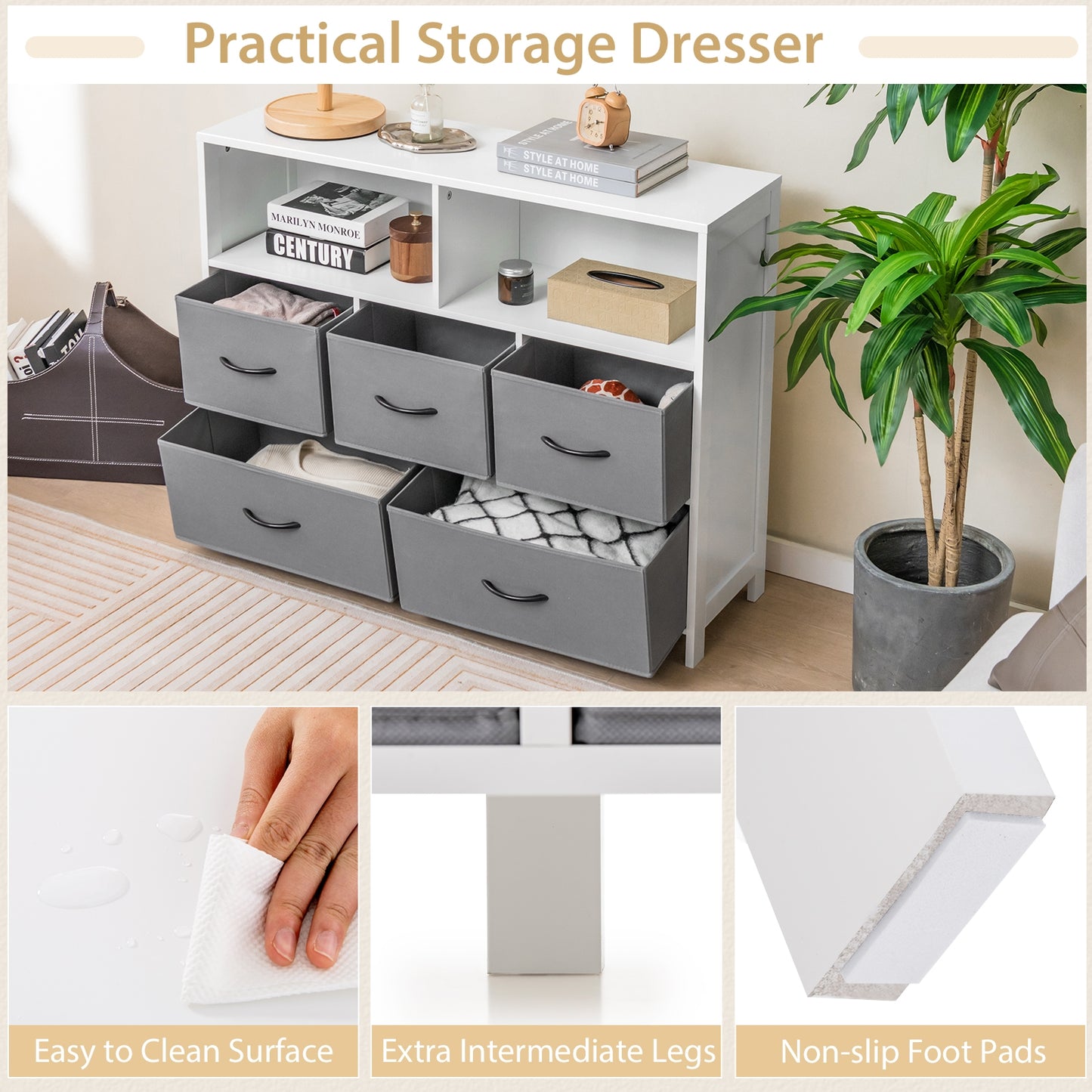 5 Drawer Fabric Dresser with Metal Frame and Wood Top for Bedroom and Entryway Storage