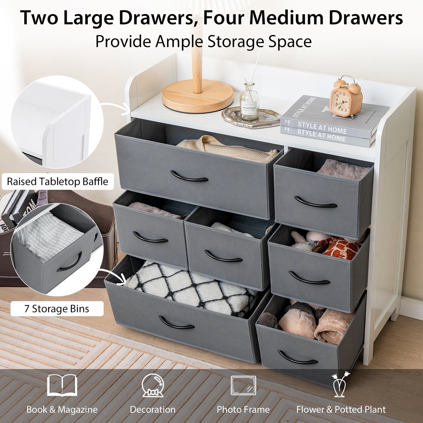 7 Drawer Fabric Dresser with Wood Top and Metal Frame for Bedroom Entryway or Closet Storage
