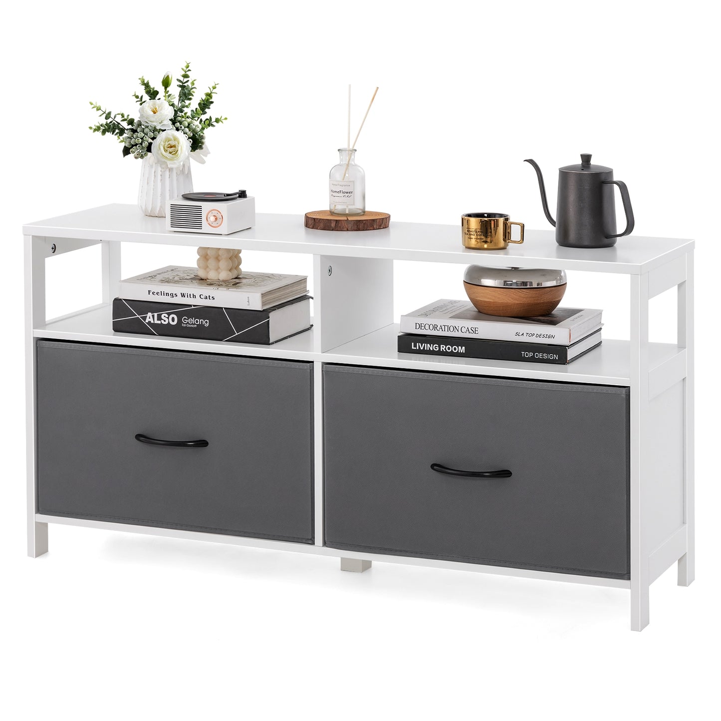 Modern 2-Drawer Fabric Dresser with Open Shelves and Wood Top for Bedroom or Living Room