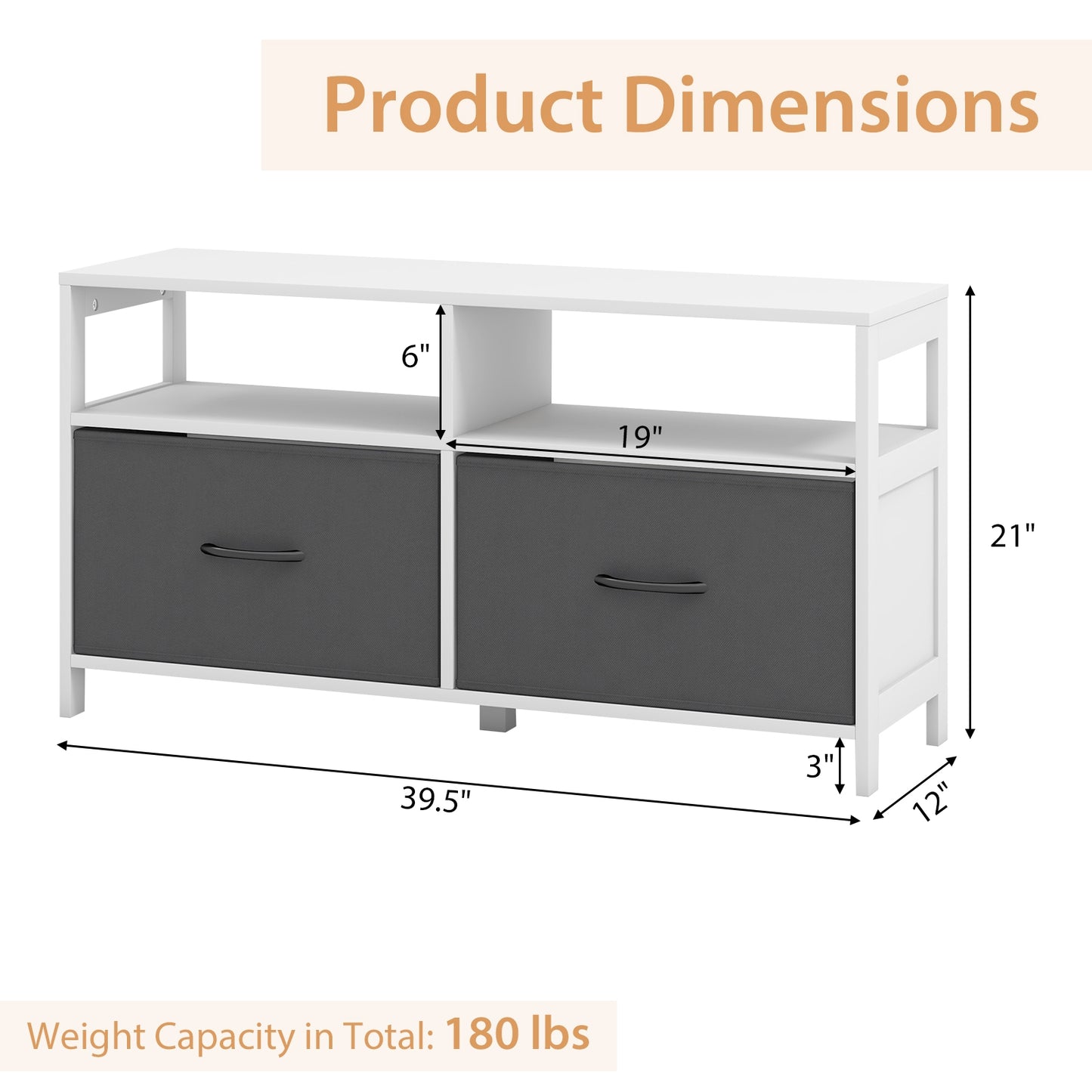 Modern 2-Drawer Fabric Dresser with Open Shelves and Wood Top for Bedroom or Living Room