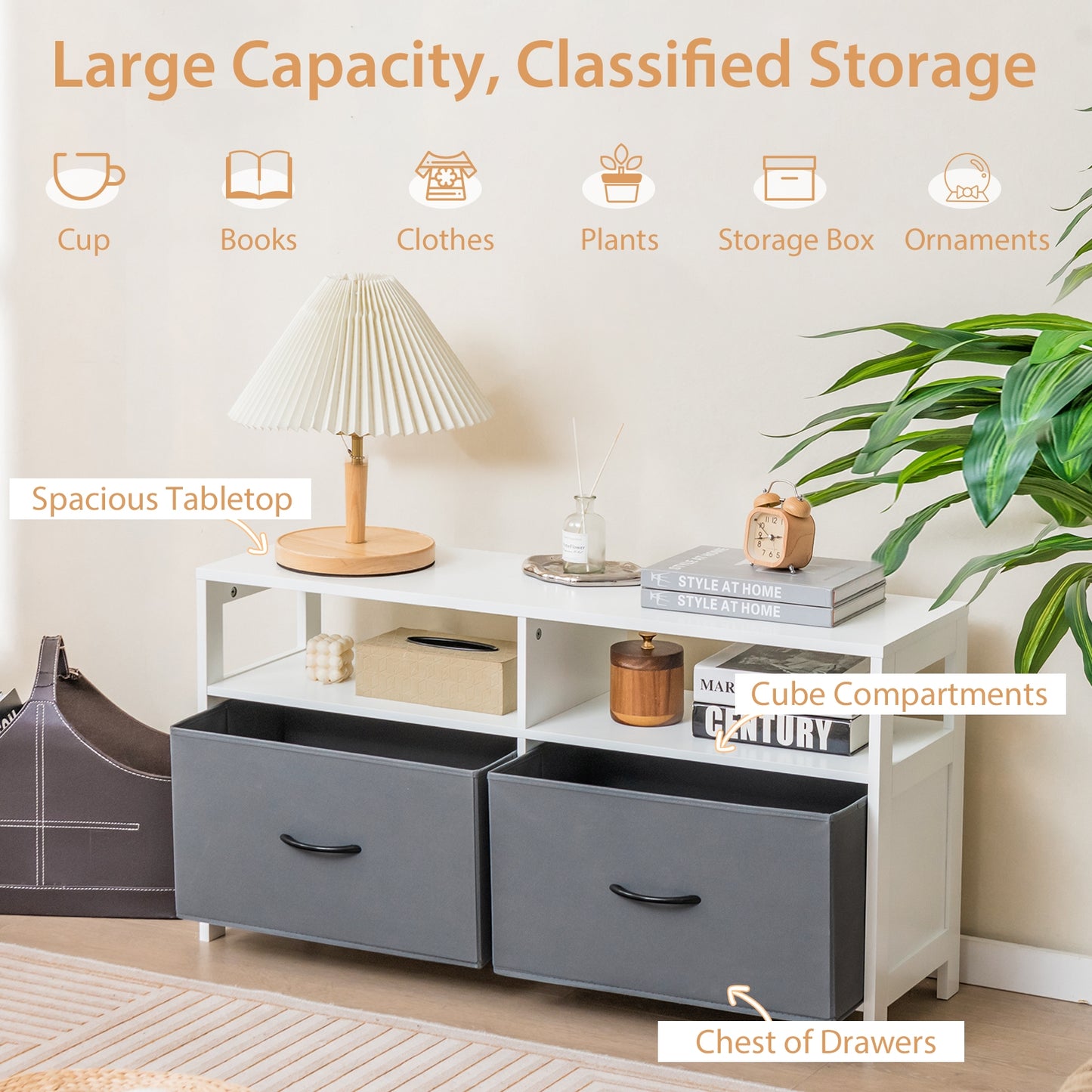 Modern 2-Drawer Fabric Dresser with Open Shelves and Wood Top for Bedroom or Living Room