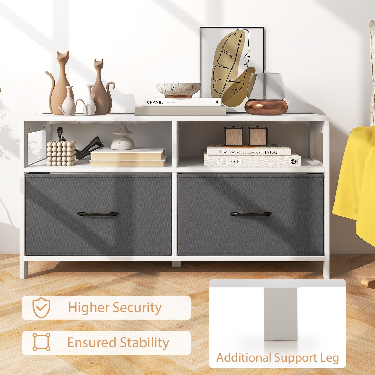 Modern 2-Drawer Fabric Dresser with Open Shelves and Wood Top for Bedroom or Living Room