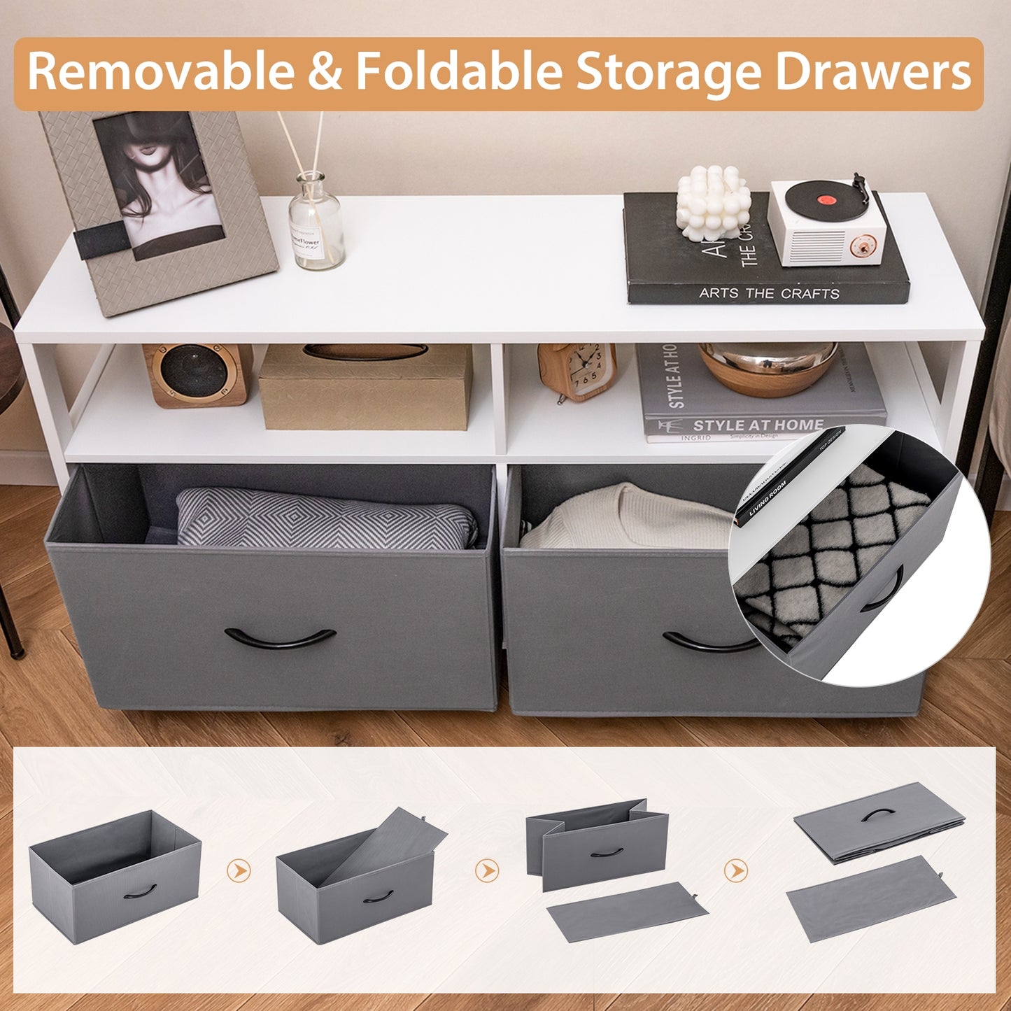 Modern 2-Drawer Fabric Dresser with Open Shelves and Wood Top for Bedroom or Living Room