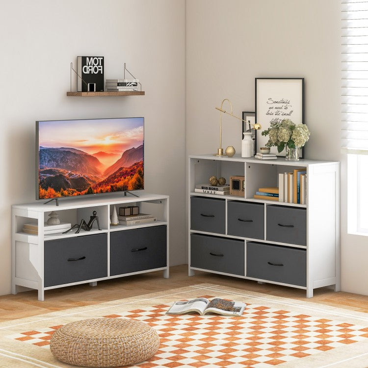 Modern 2-Drawer Fabric Dresser with Open Shelves and Wood Top for Bedroom or Living Room