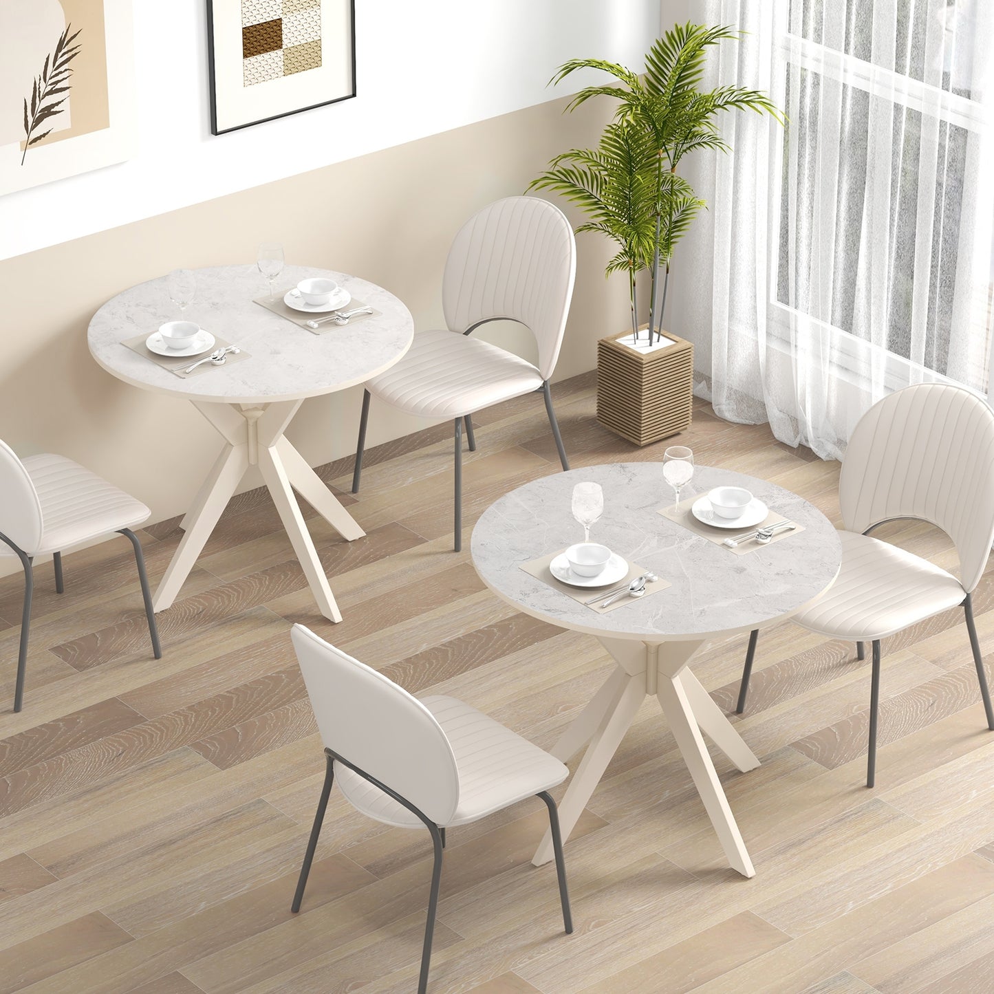 36 Inch Round Dining Table with Faux Marble Top and Solid Wood Legs, Seats 2–4, White