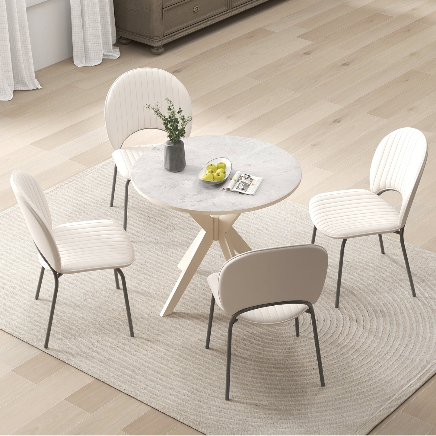 36 Inch Round Dining Table with Faux Marble Top and Solid Wood Legs, Seats 2–4, White
