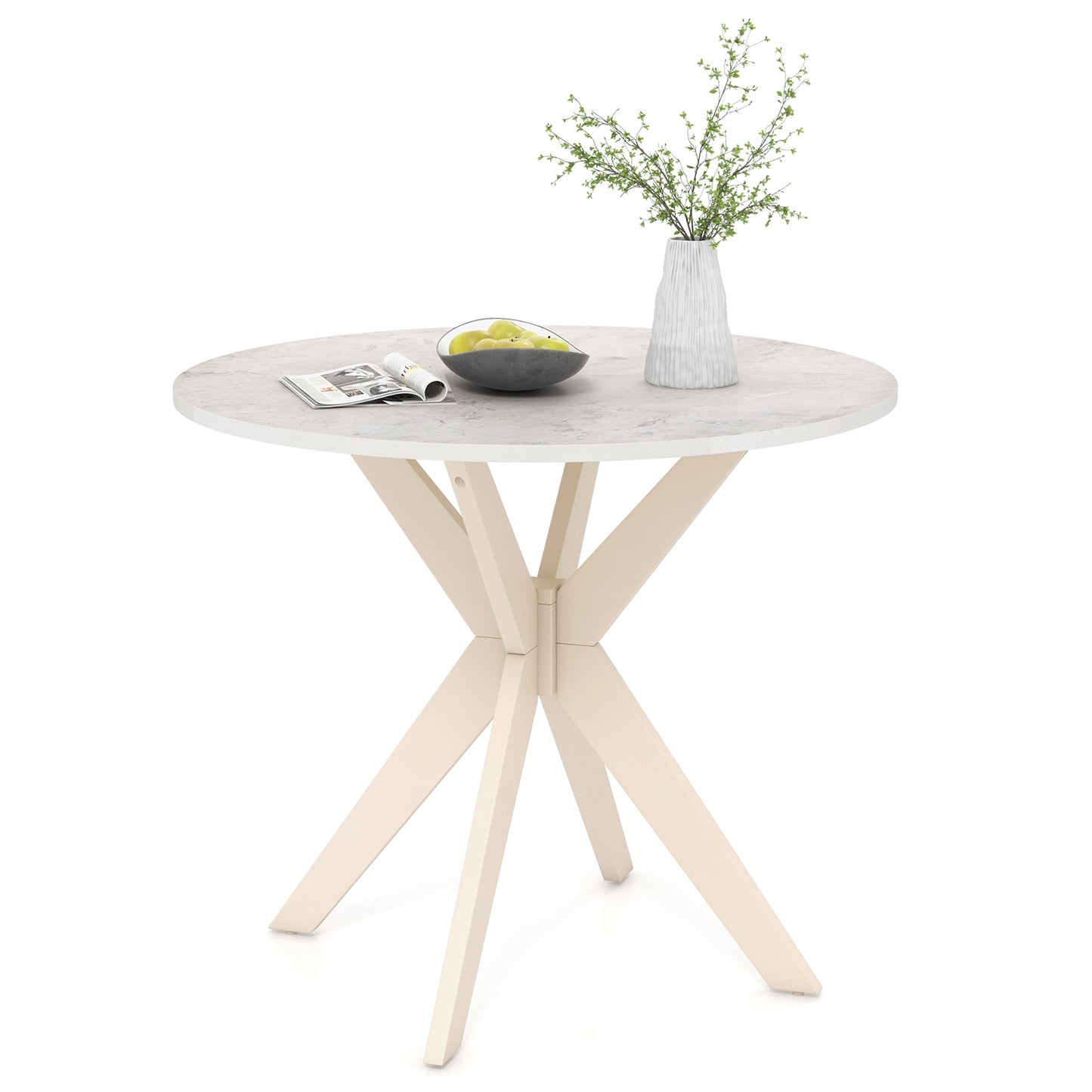 36 Inch Round Dining Table with Faux Marble Top and Solid Wood Legs, Seats 2–4, White
