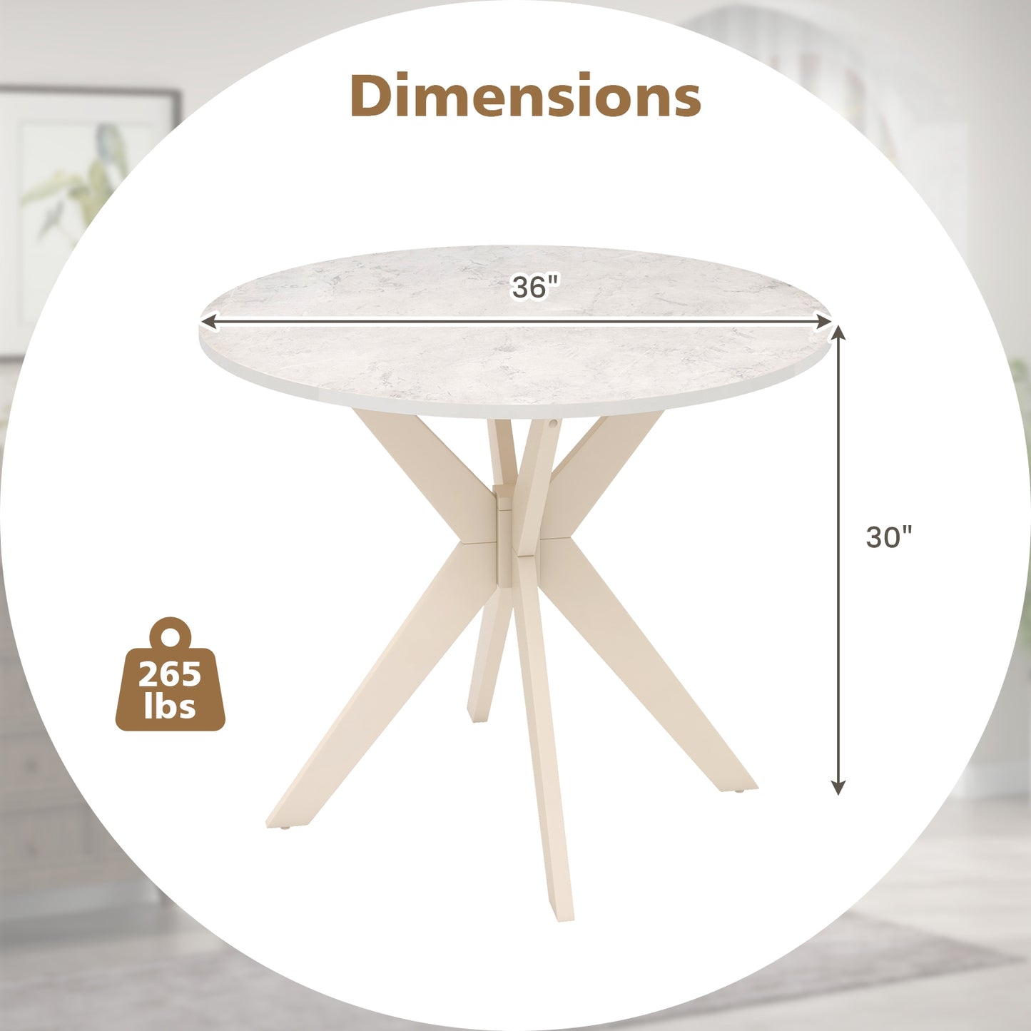 36 Inch Round Dining Table with Faux Marble Top and Solid Wood Legs, Seats 2–4, White
