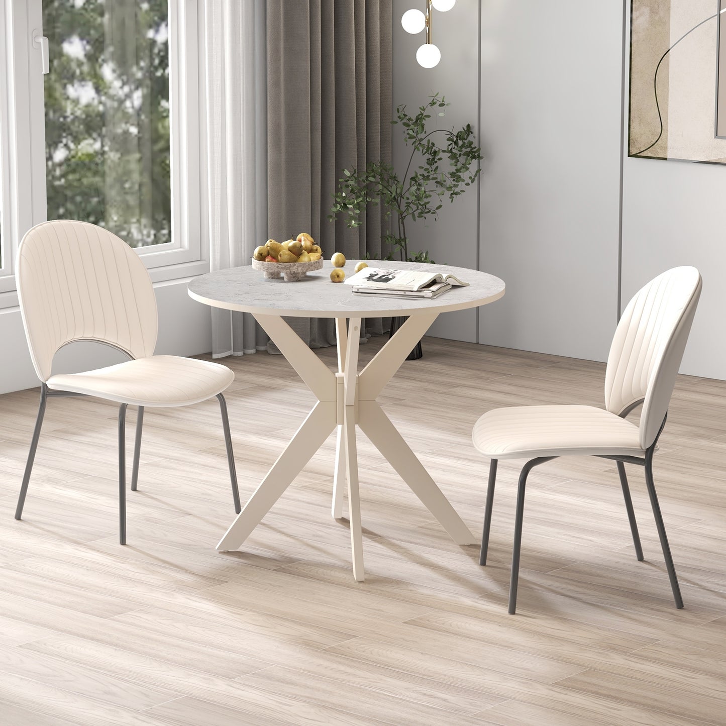 36 Inch Round Dining Table with Faux Marble Top and Solid Wood Legs, Seats 2–4, White