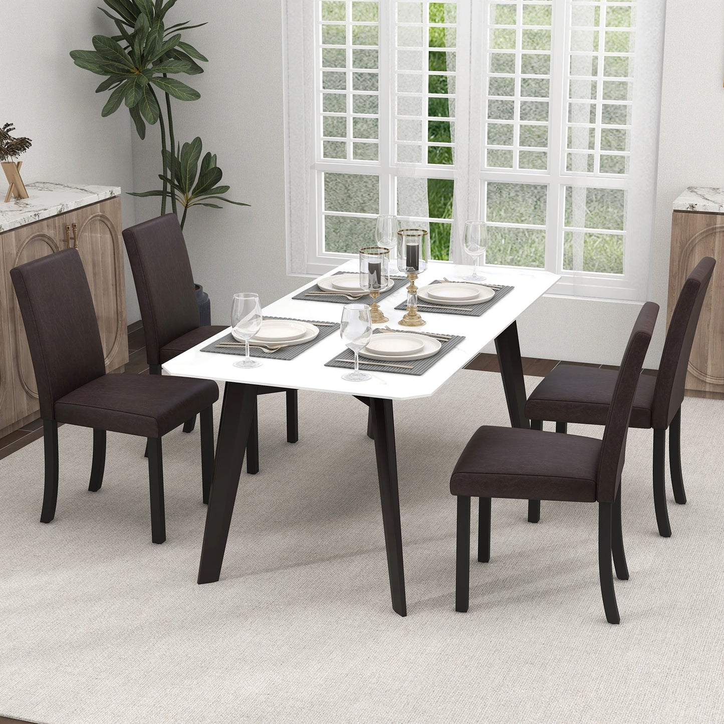 Set of 4 Upholstered Dining Chairs with Wood Frame in Brown PU Leather