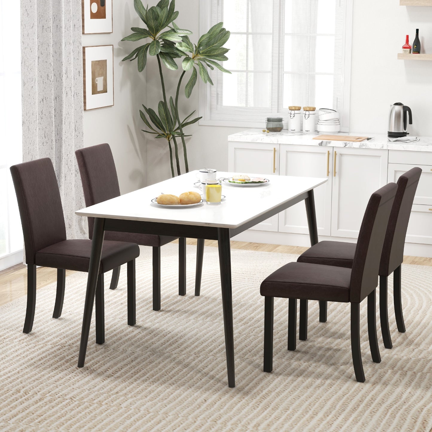 Set of 4 Upholstered Dining Chairs with Wood Frame in Brown PU Leather