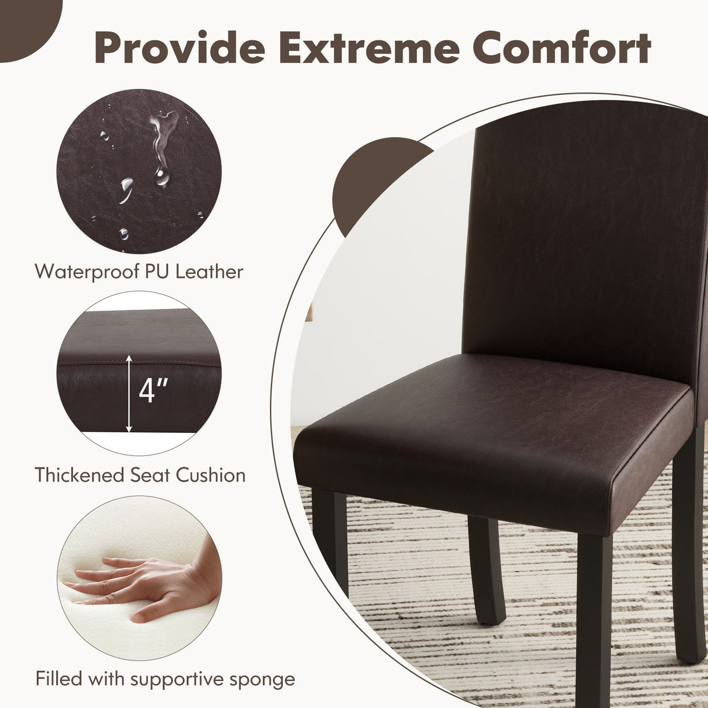 Set of 4 Upholstered Dining Chairs with Wood Frame in Brown PU Leather