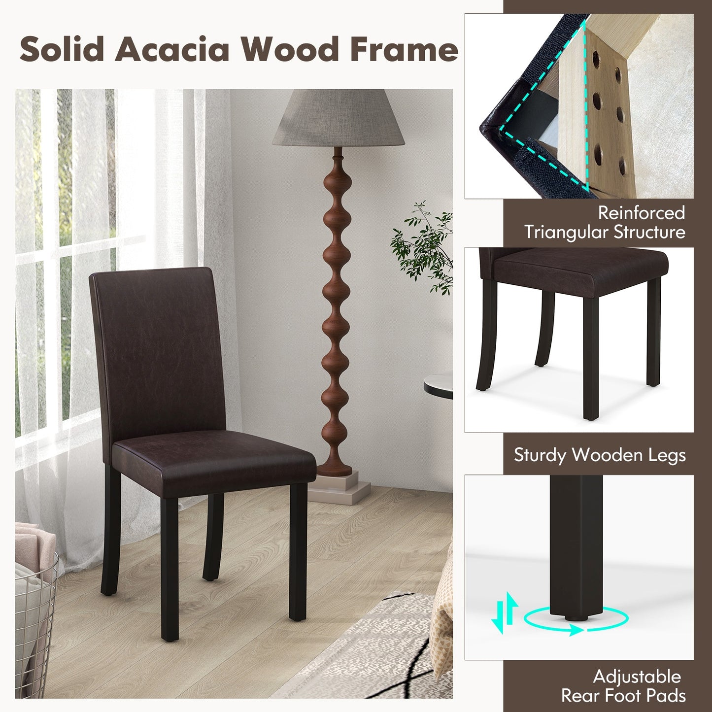 Set of 4 Upholstered Dining Chairs with Wood Frame in Brown PU Leather