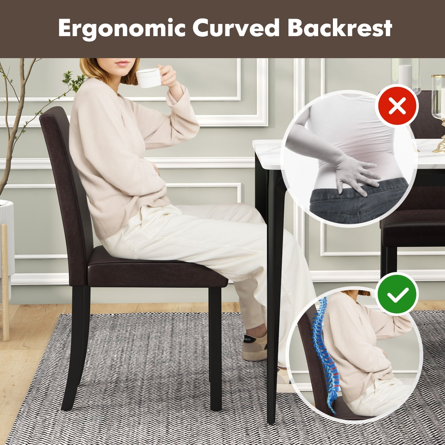 Set of 4 Upholstered Dining Chairs with Wood Frame in Brown PU Leather