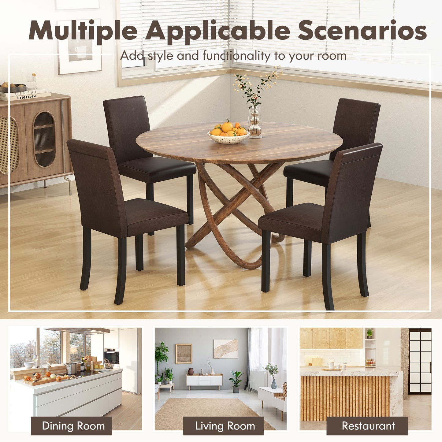 Set of 4 Upholstered Dining Chairs with Wood Frame in Brown PU Leather