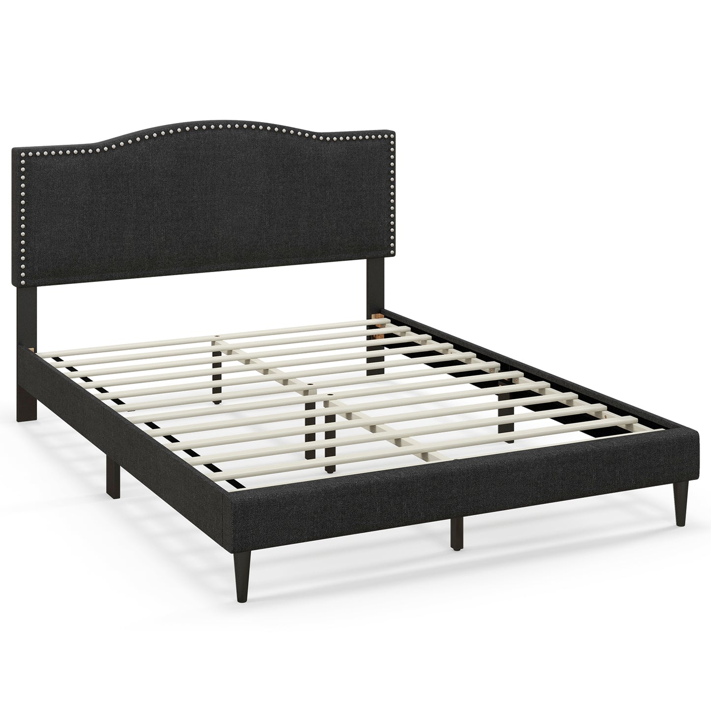 Elegant Queen Size Upholstered Bed Frame with Nailhead Trim and Stylish Headboard
