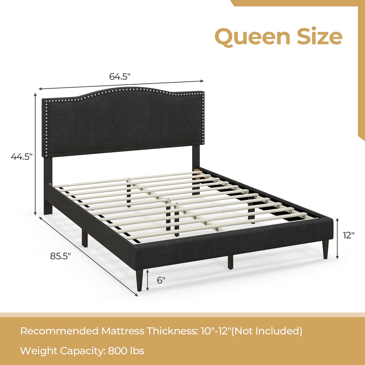 Elegant Queen Size Upholstered Bed Frame with Nailhead Trim and Stylish Headboard