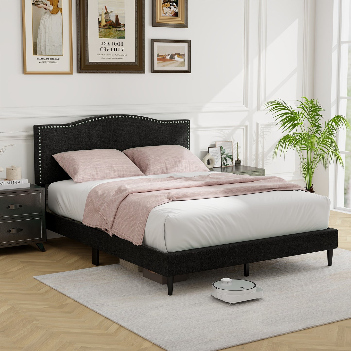 Elegant Queen Size Upholstered Bed Frame with Nailhead Trim and Stylish Headboard