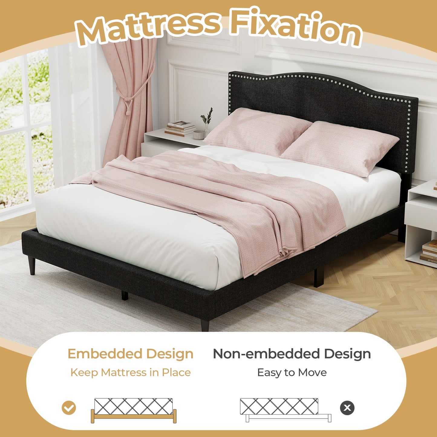 Elegant Queen Size Upholstered Bed Frame with Nailhead Trim and Stylish Headboard
