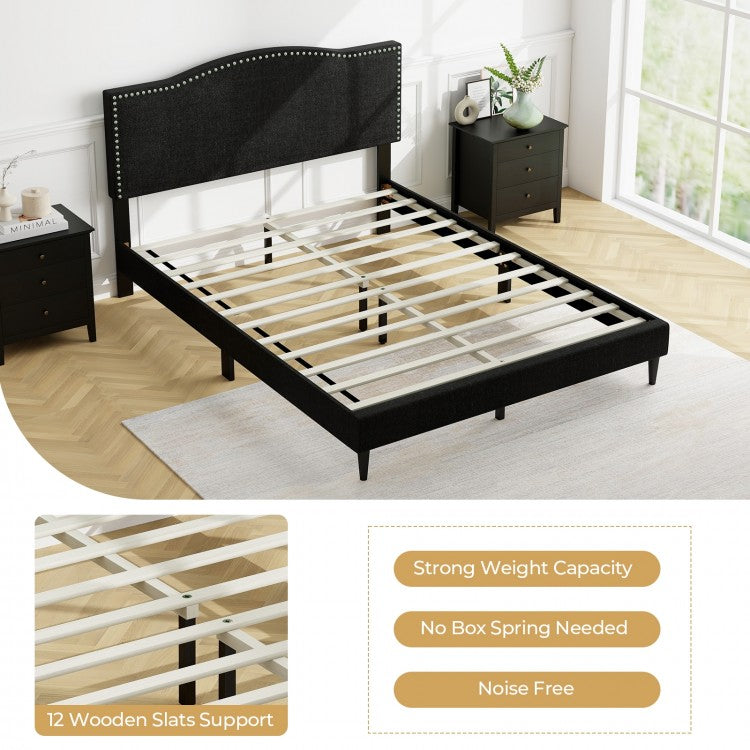 Elegant Queen Size Upholstered Bed Frame with Nailhead Trim and Stylish Headboard