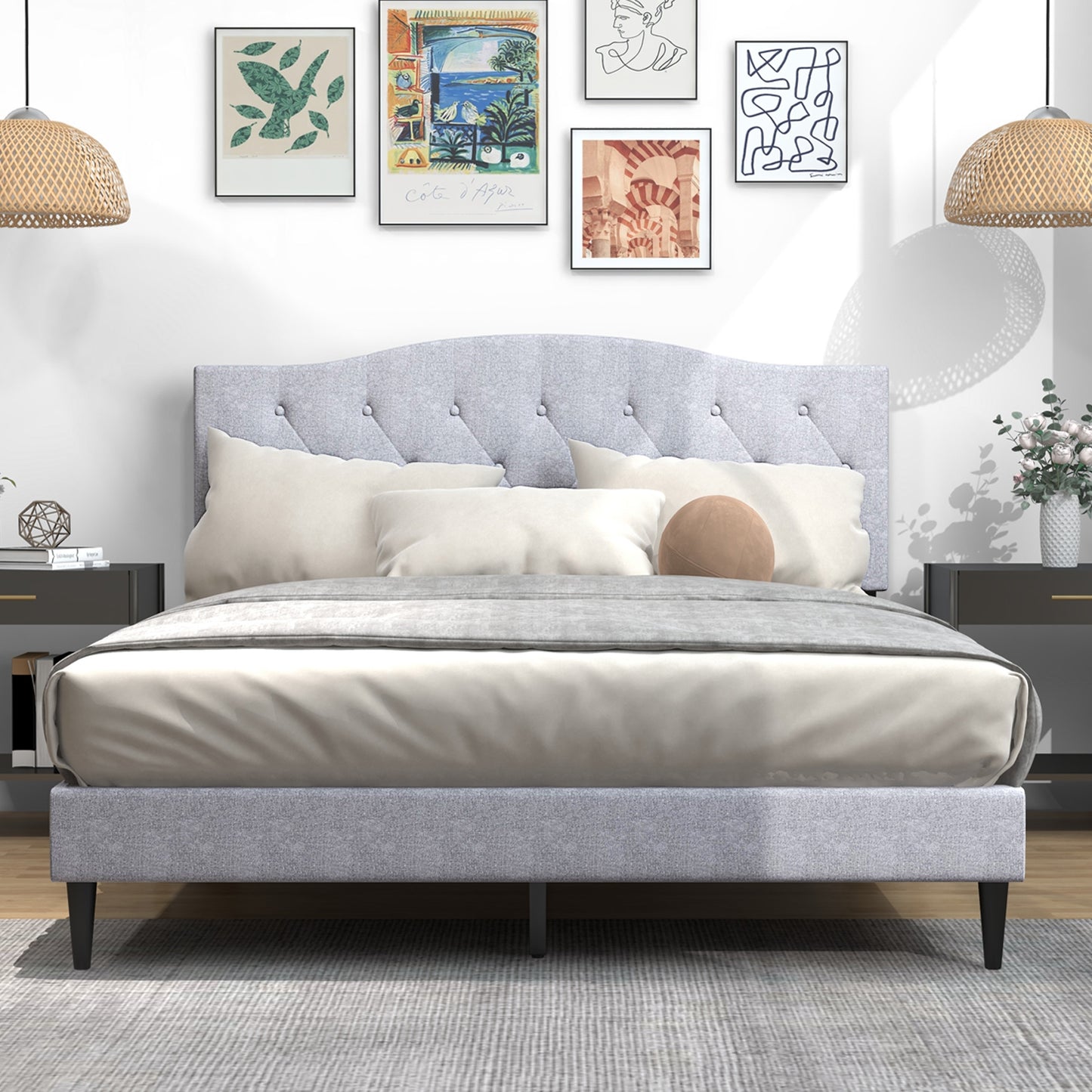 Elegant Queen Upholstered Platform Bed with Button-Tufted Headboard and Linen Fabric