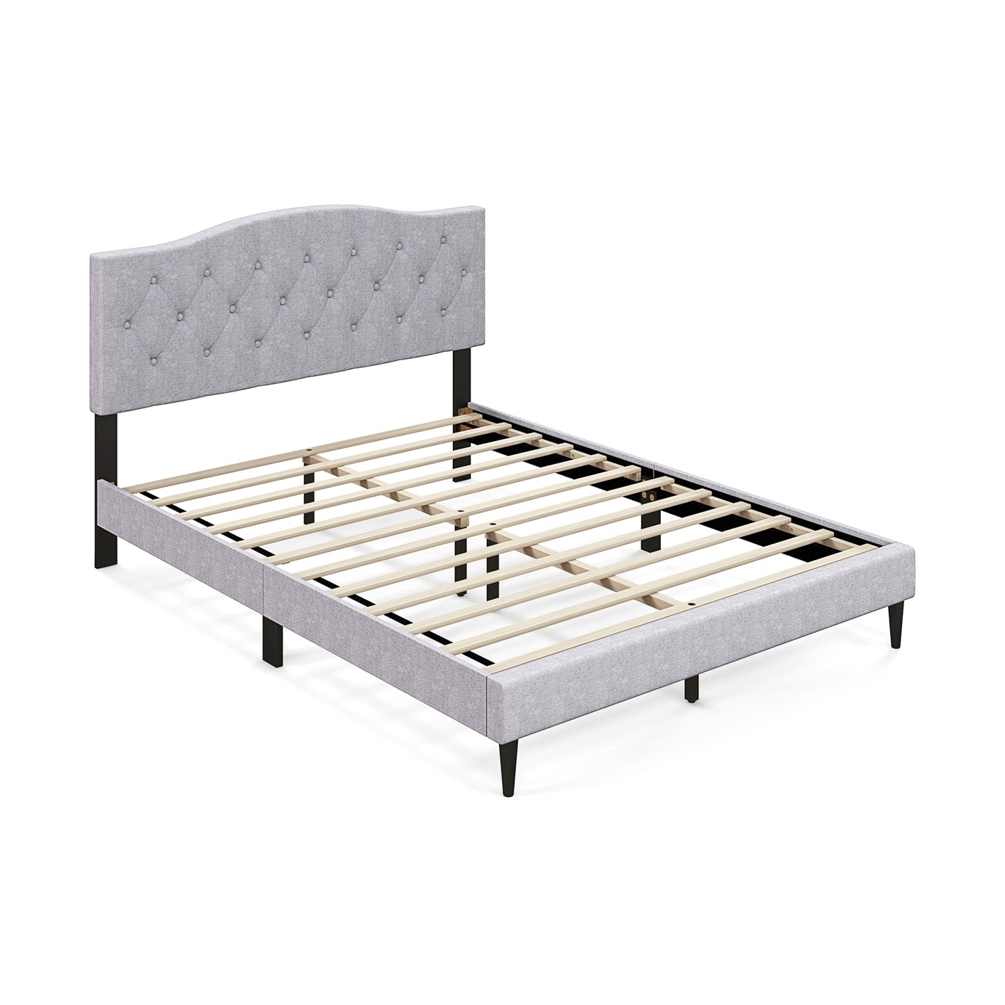 Elegant Queen Upholstered Platform Bed with Button-Tufted Headboard and Linen Fabric