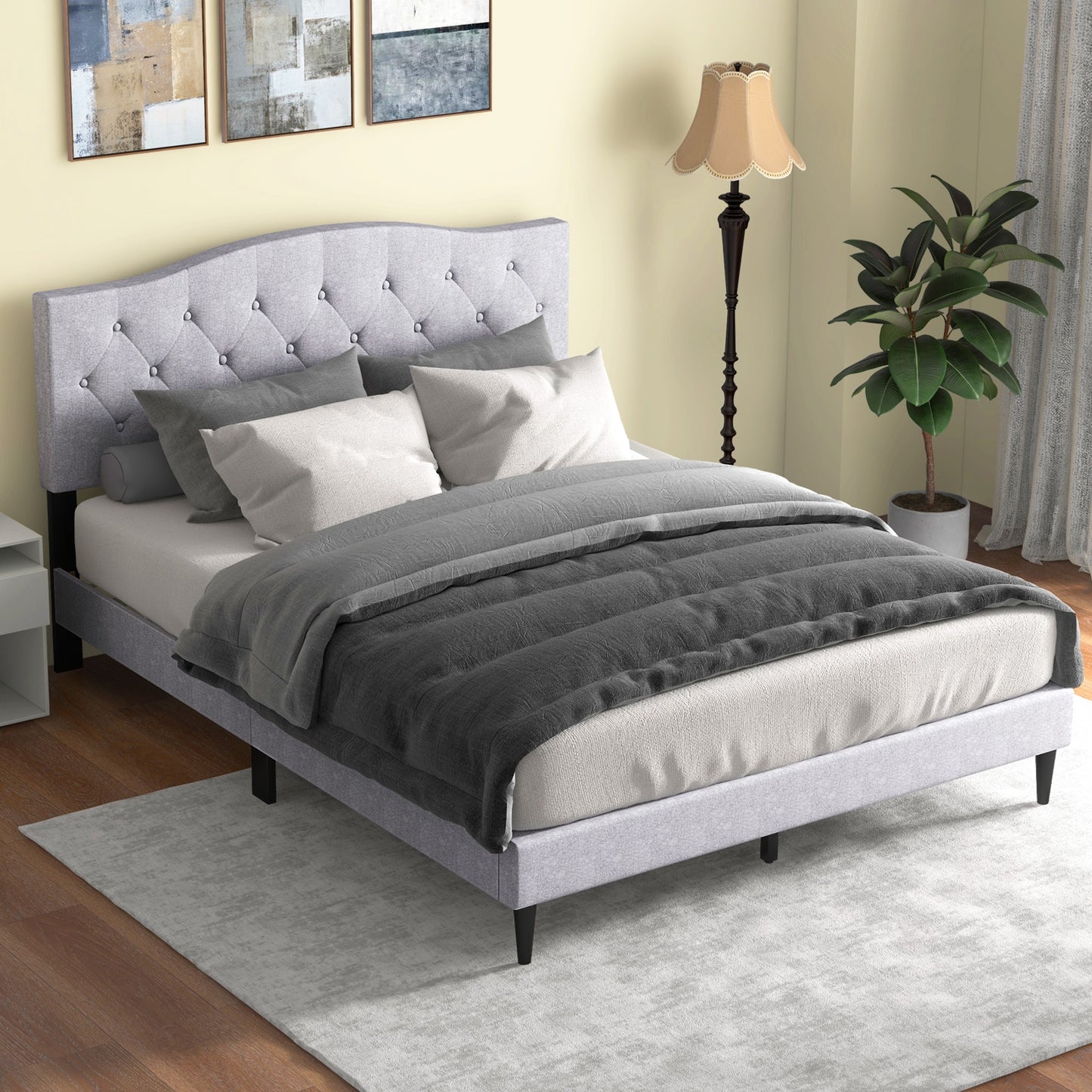 Elegant Queen Upholstered Platform Bed with Button-Tufted Headboard and Linen Fabric