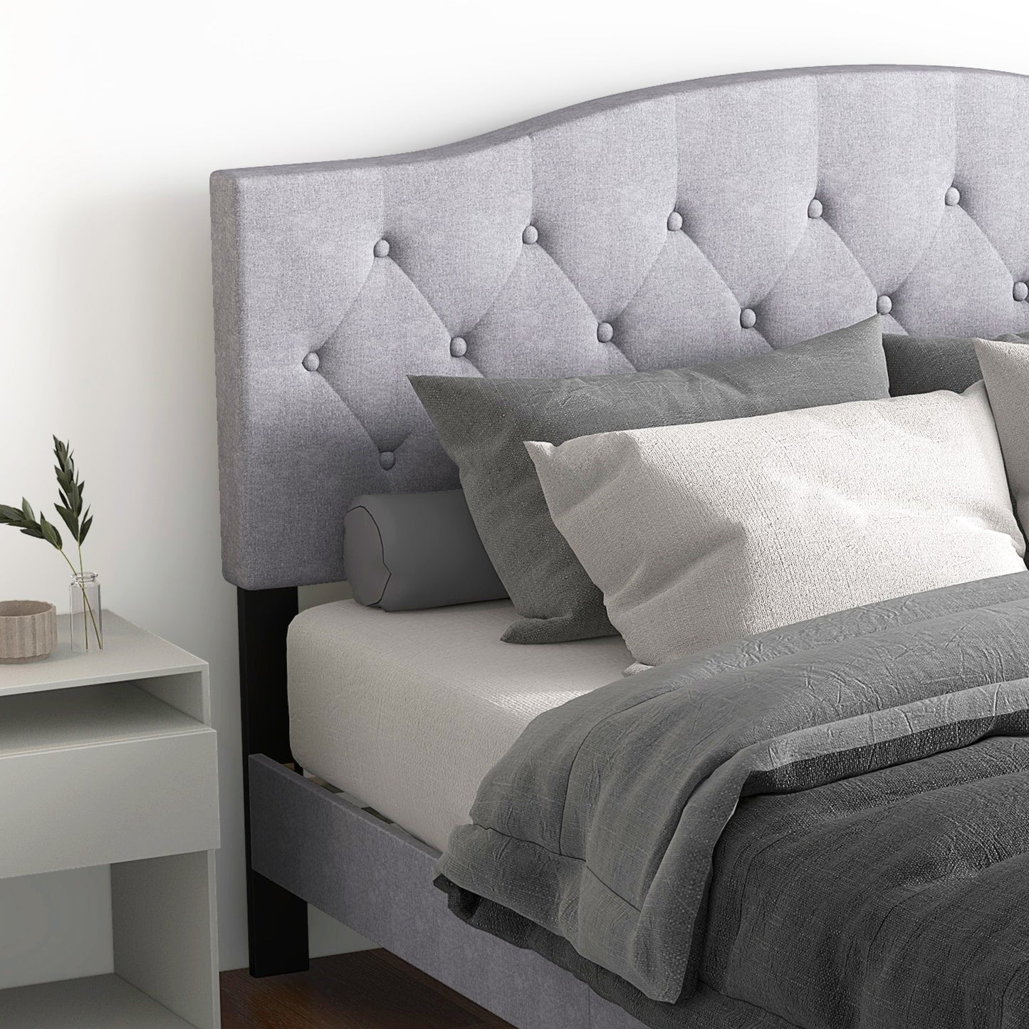 Elegant Queen Upholstered Platform Bed with Button-Tufted Headboard and Linen Fabric