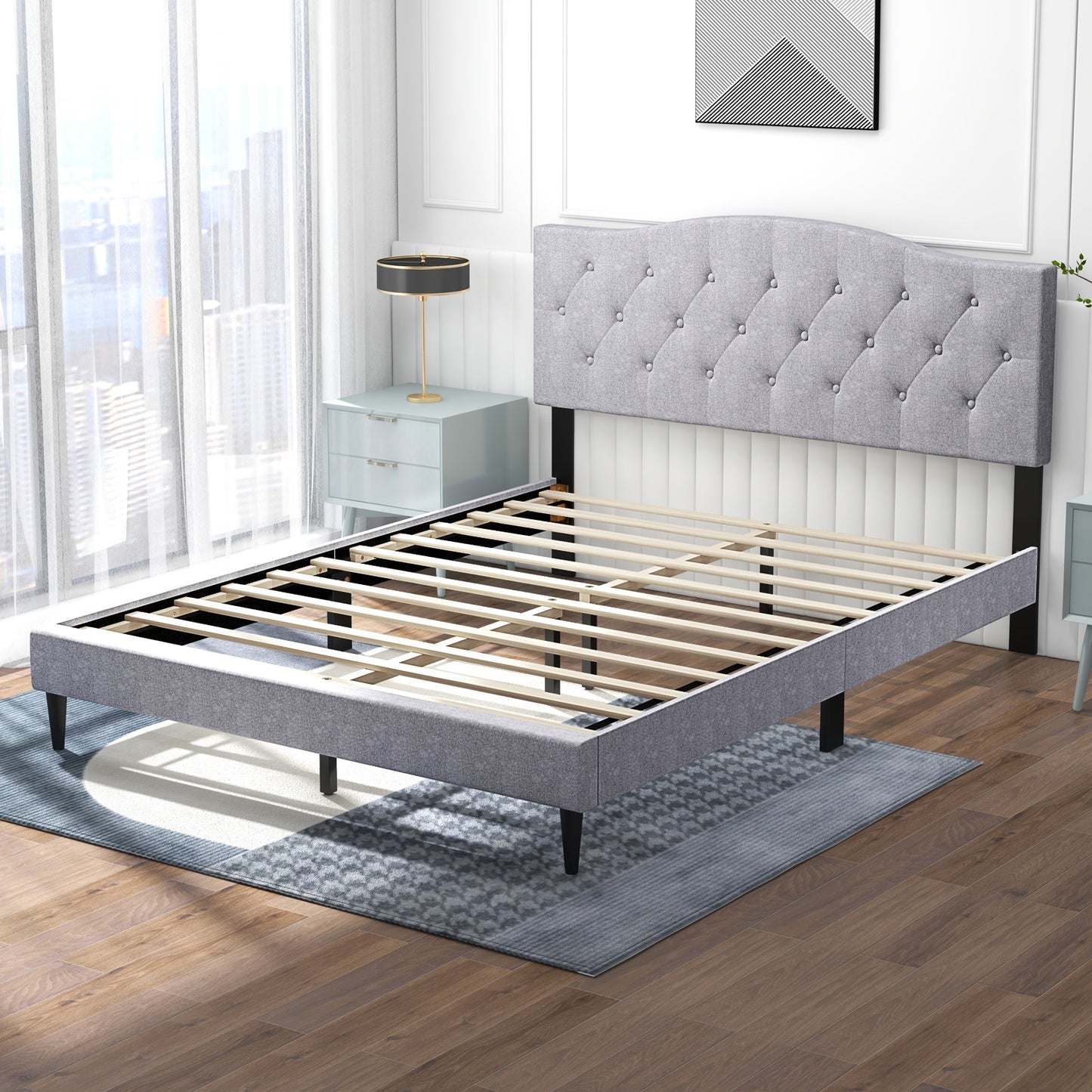 Elegant Queen Upholstered Platform Bed with Button-Tufted Headboard and Linen Fabric