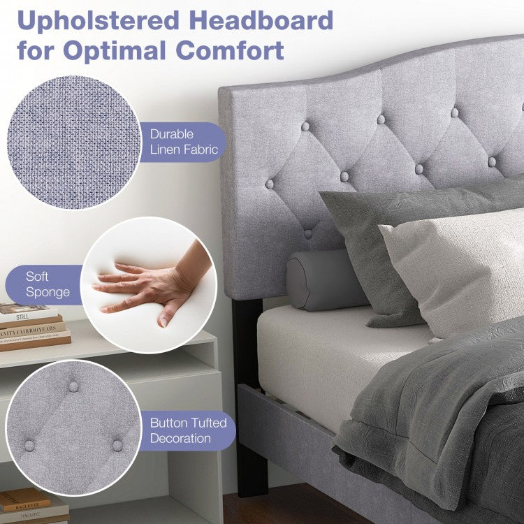 Elegant Queen Upholstered Platform Bed with Button-Tufted Headboard and Linen Fabric