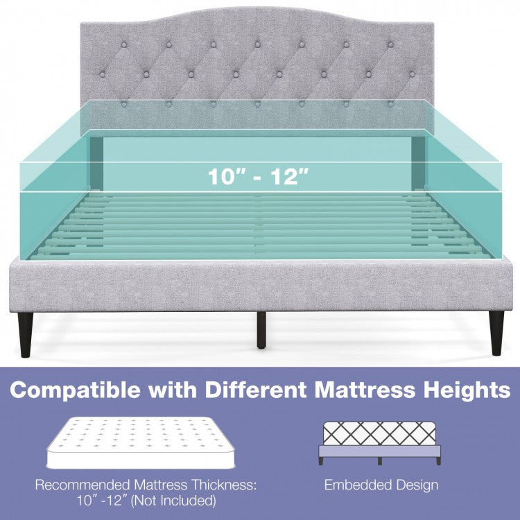 Elegant Queen Upholstered Platform Bed with Button-Tufted Headboard and Linen Fabric