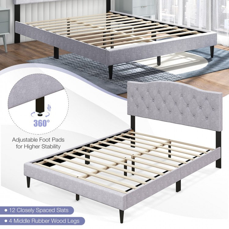Elegant Queen Upholstered Platform Bed with Button-Tufted Headboard and Linen Fabric