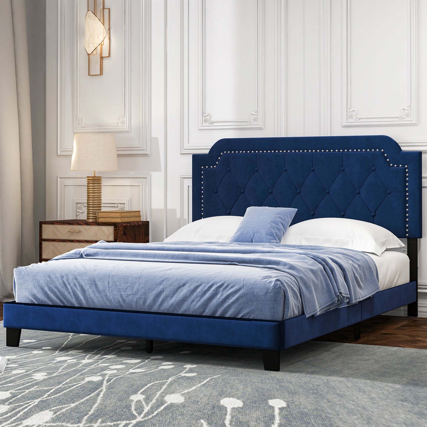 Luxurious Queen Velvet Bed Frame with Button Tufted Headboard and Nailhead Trim