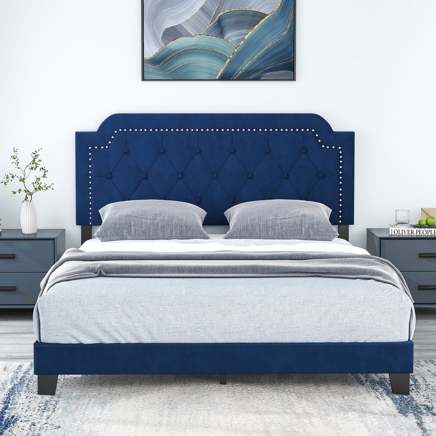 Luxurious Queen Velvet Bed Frame with Button Tufted Headboard and Nailhead Trim