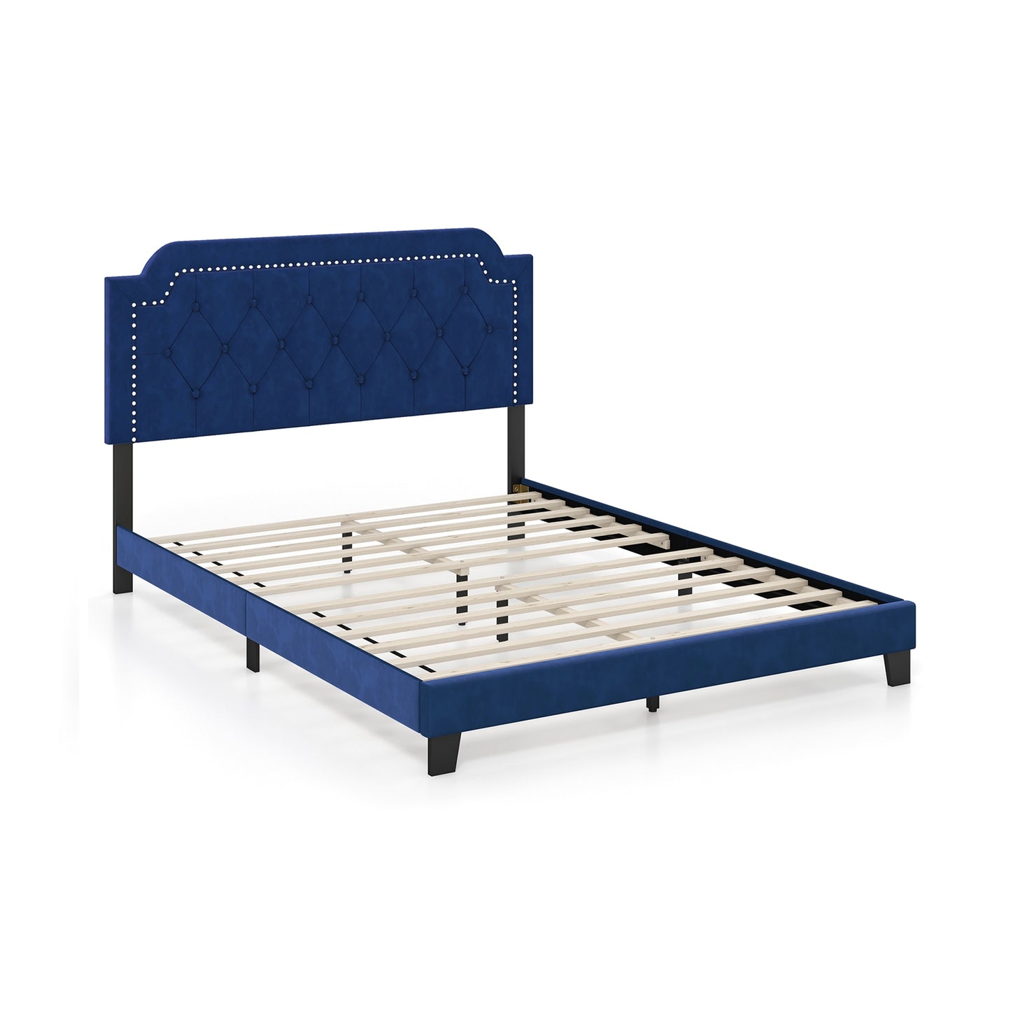 Luxurious Queen Velvet Bed Frame with Button Tufted Headboard and Nailhead Trim