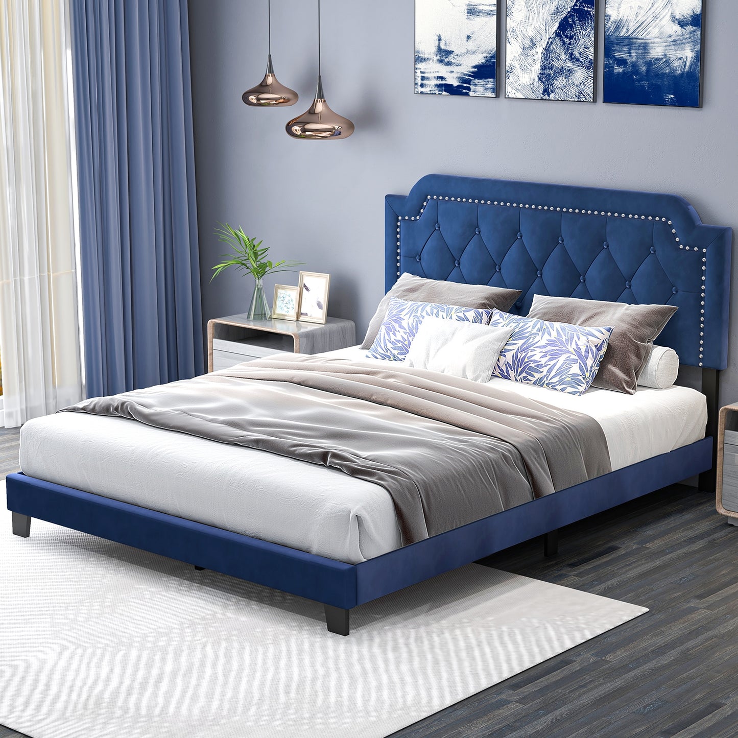 Luxurious Queen Velvet Bed Frame with Button Tufted Headboard and Nailhead Trim