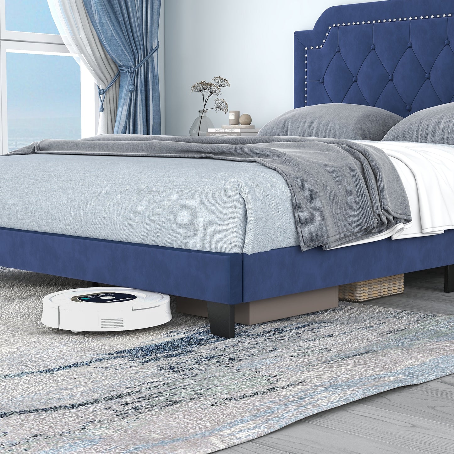 Luxurious Queen Velvet Bed Frame with Button Tufted Headboard and Nailhead Trim