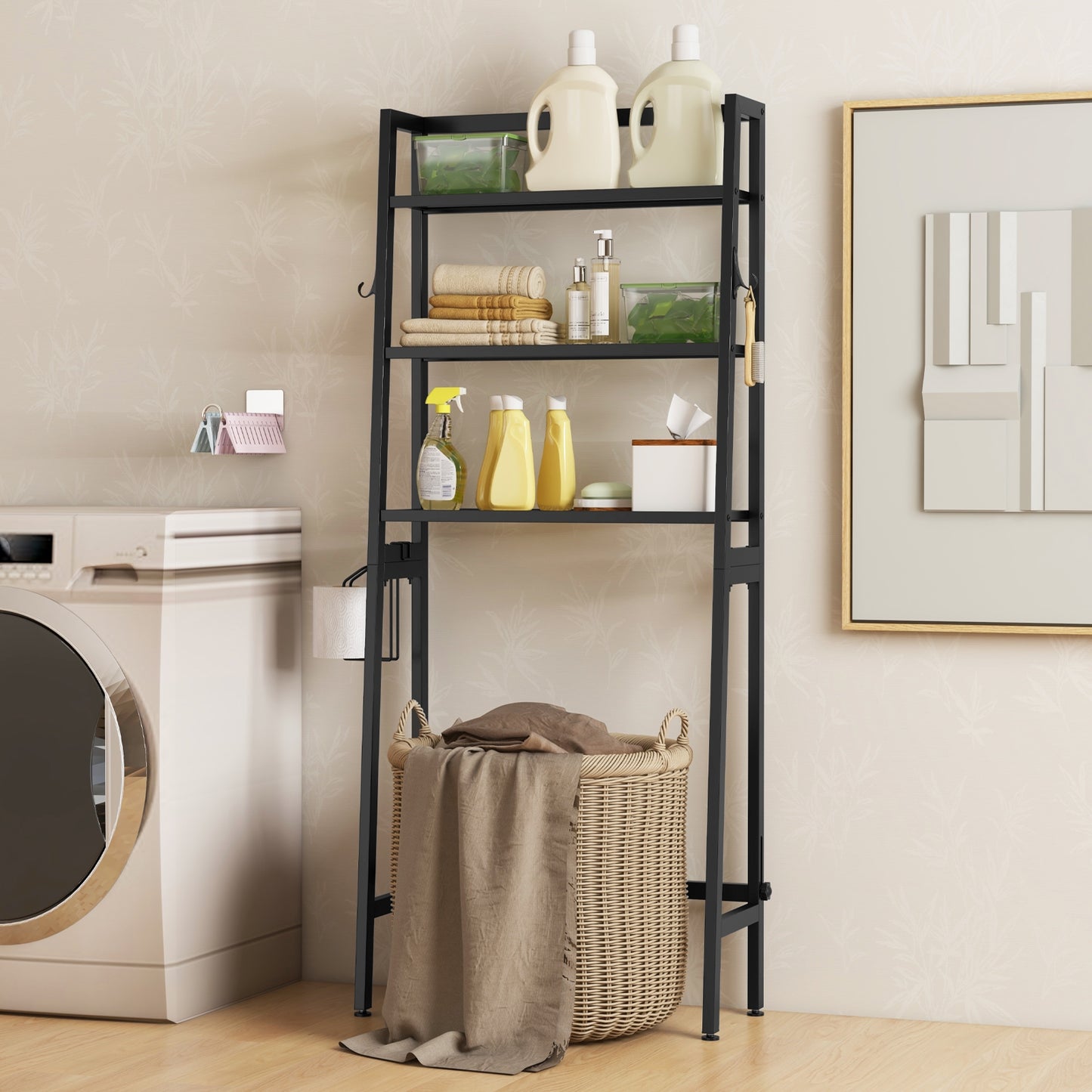 3 Tier Over-the-Toilet Storage Rack with Adjustable Height and Extra Hooks