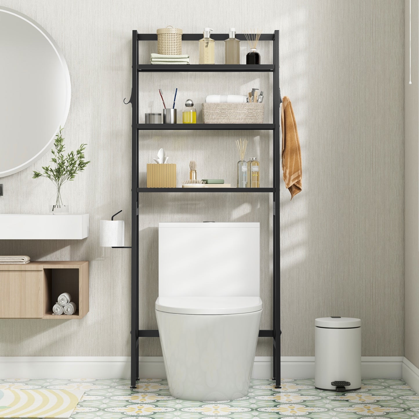 3 Tier Over-the-Toilet Storage Rack with Adjustable Height and Extra Hooks