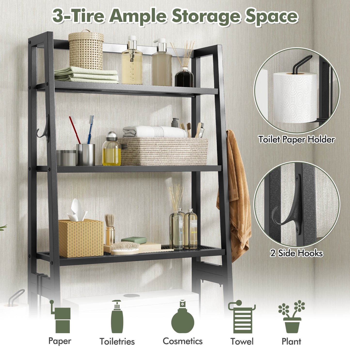 3 Tier Over-the-Toilet Storage Rack with Adjustable Height and Extra Hooks