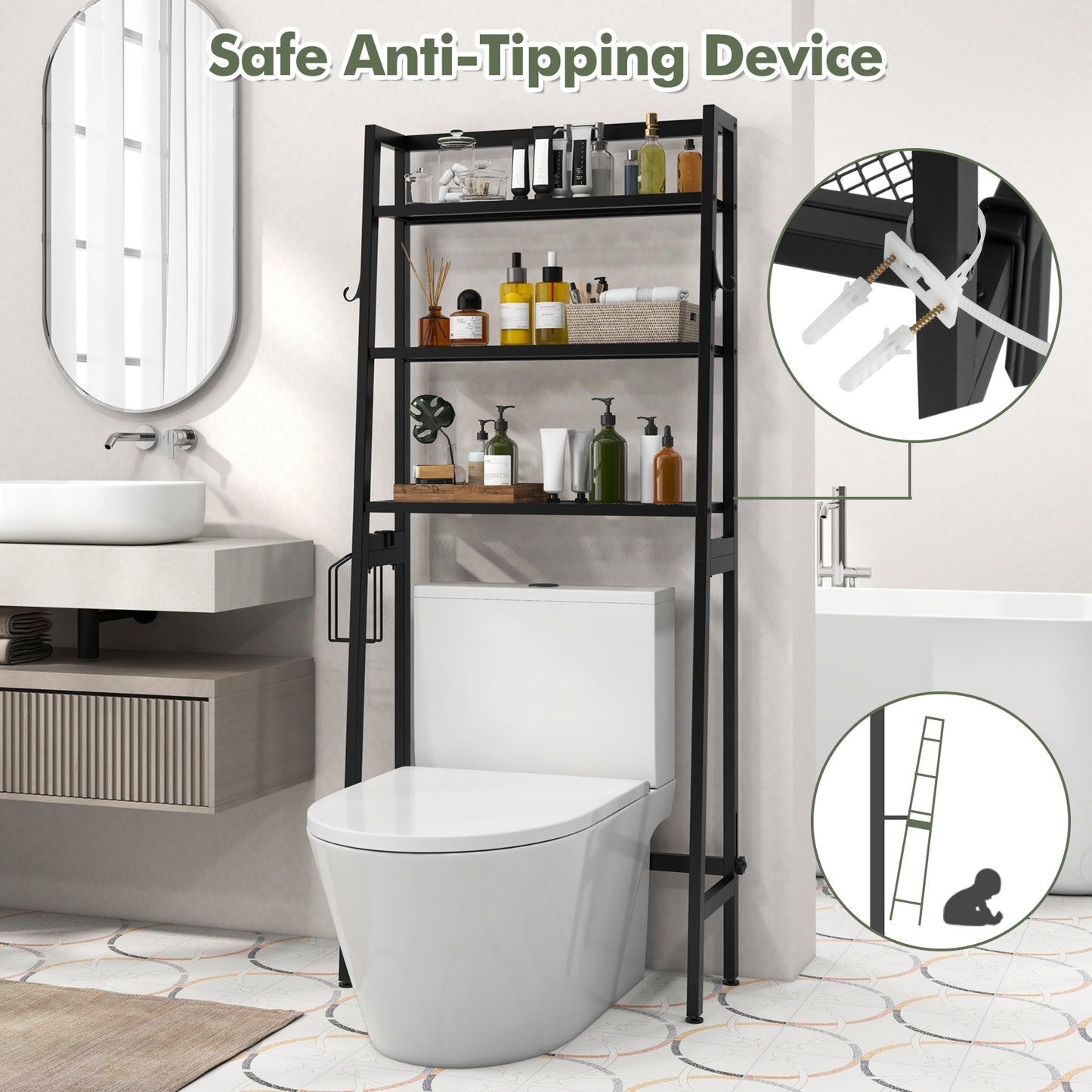 3 Tier Over-the-Toilet Storage Rack with Adjustable Height and Extra Hooks