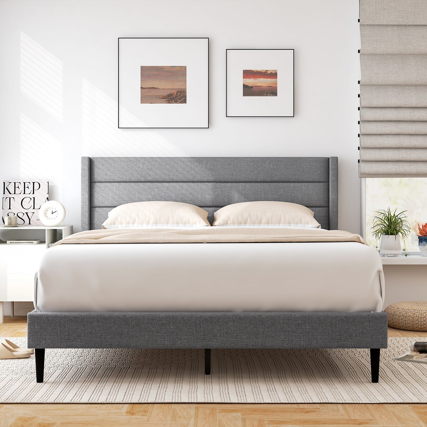 Stylish Linen Upholstered Platform Bed Frame with Wingback Headboard - Queen Size