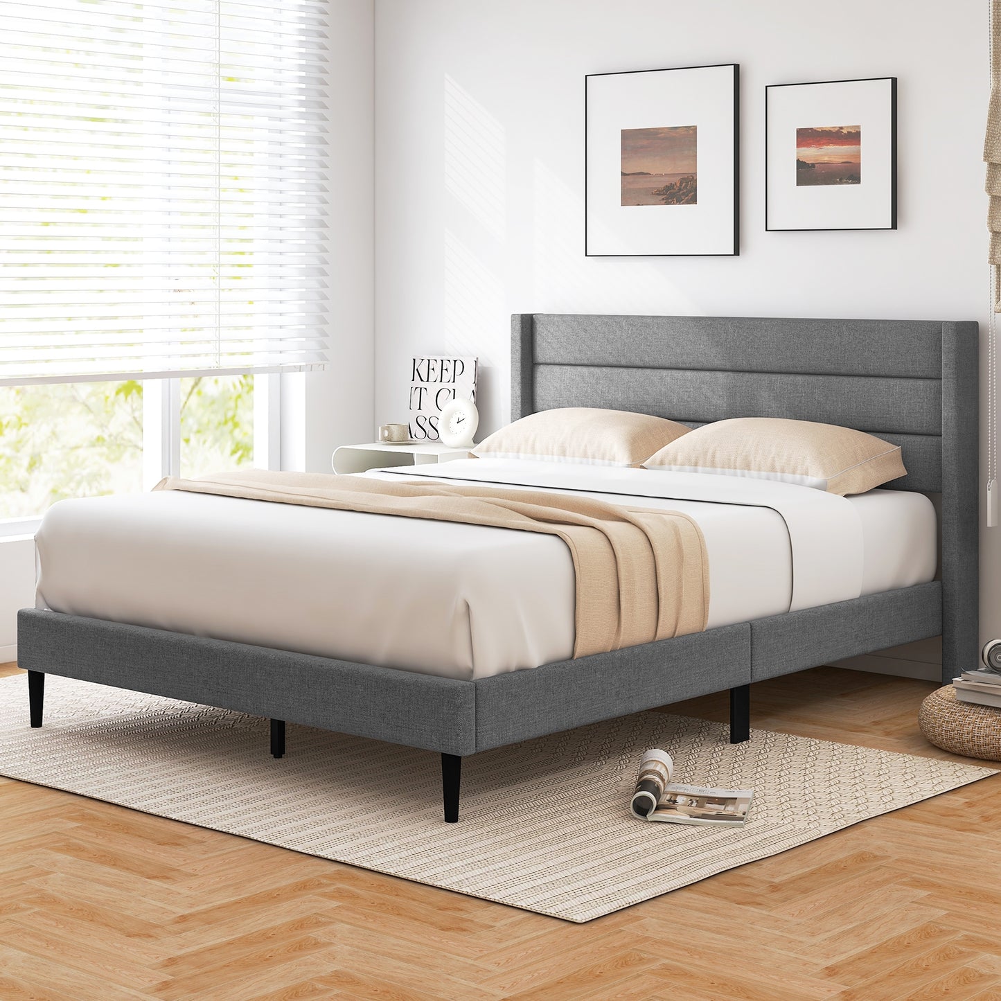 Stylish Linen Upholstered Platform Bed Frame with Wingback Headboard - Queen Size